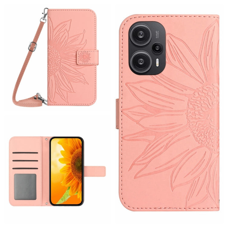 For Xiaomi Poco F5 Skin Feel Sun Flower Embossed Flip Leather Phone Case with Lanyard(Pink) - Xiaomi Cases by PMC Jewellery | Online Shopping South Africa | PMC Jewellery | Buy Now Pay Later Mobicred