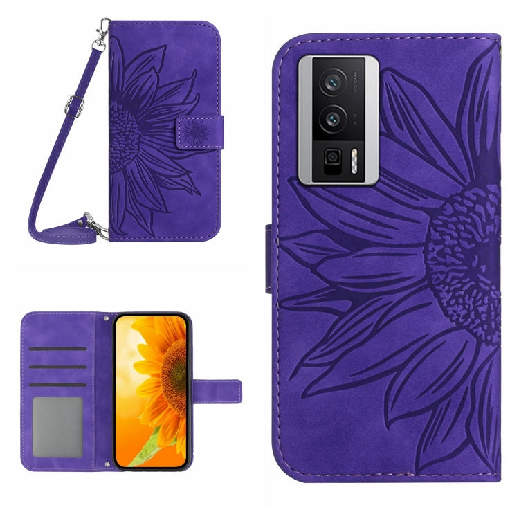 For Xiaomi Poco F5 Pro Skin Feel Sun Flower Embossed Flip Leather Phone Case with Lanyard(Dark Purple) - Xiaomi Cases by PMC Jewellery | Online Shopping South Africa | PMC Jewellery | Buy Now Pay Later Mobicred