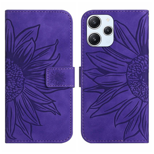 For Xiaomi Redmi 12 4G Global Skin Feel Sun Flower Embossed Flip Leather Phone Case with Lanyard(Dark Purple) - Xiaomi Cases by PMC Jewellery | Online Shopping South Africa | PMC Jewellery | Buy Now Pay Later Mobicred