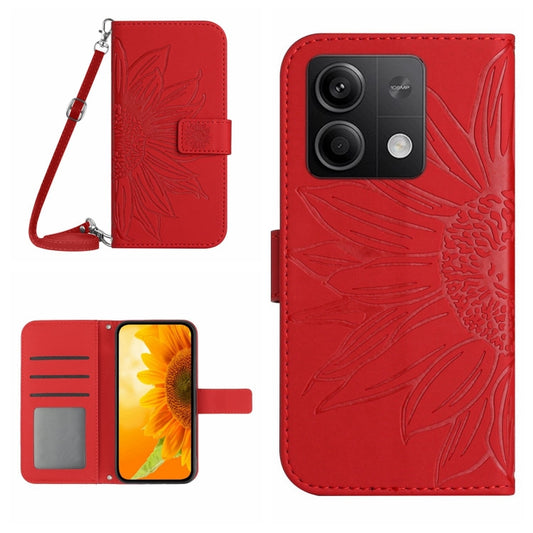 For Xiaomi Redmi Note 13 4G Global Skin Feel Sun Flower Embossed Flip Leather Phone Case with Lanyard(Red) - Note 13 Cases by PMC Jewellery | Online Shopping South Africa | PMC Jewellery | Buy Now Pay Later Mobicred