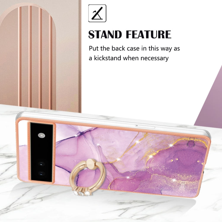 For Google Pixel 6a Electroplating Marble IMD TPU Phone Case with Ring Holder(Purple 001) - Google Cases by PMC Jewellery | Online Shopping South Africa | PMC Jewellery