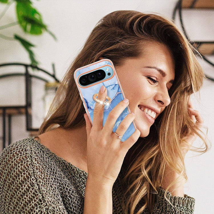 For Google Pixel 9 Pro XL Electroplating Marble Dual-side IMD Phone Case with Ring(Blue 018) - Google Cases by PMC TechLife | Online Shopping South Africa | PMC TechLife | Buy Now Pay Later Mobicred