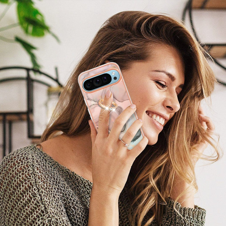 For Google Pixel 9 Pro XL Electroplating Marble Dual-side IMD Phone Case with Ring(Rose Gold 015) - free shipping - PMC TechLife - Order now!