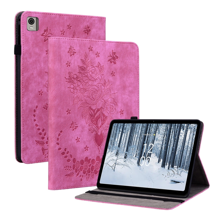 For Nokia T21 Butterfly Rose Embossed Leather Tablet Case(Rose Red) - Honor Cases by PMC TechLife | Online Shopping South Africa | PMC TechLife | Buy Now Pay Later Mobicred