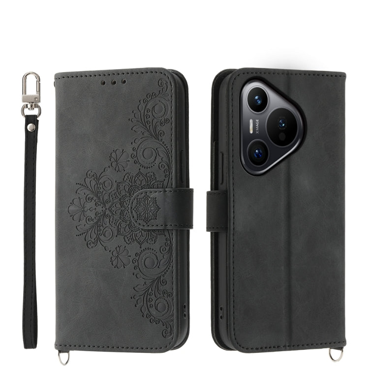 For Huawei Pura 70 Skin-feel Flowers Embossed Wallet Leather Phone Case(Black) - Huawei Cases by PMC Jewellery | Online Shopping South Africa | PMC Jewellery | Buy Now Pay Later Mobicred