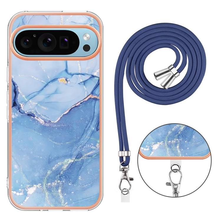 For Google Pixel 9 Pro XL Electroplating Marble Dual-side IMD Phone Case with Lanyard(Blue 018) - Google Cases by PMC TechLife | Online Shopping South Africa | PMC TechLife | Buy Now Pay Later Mobicred