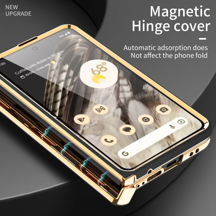 For Google Pixel Fold Litchi Pattern Electroplating Folding Phone Case with Hinge(Black) - Google Cases by PMC TechLife | Online Shopping South Africa | PMC TechLife | Buy Now Pay Later Mobicred