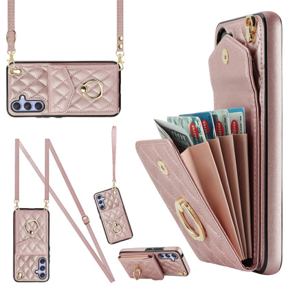 For Samsung Galaxy A54 5G Rhombic Texture Card Bag Phone Case with Long Lanyard(Rose Gold) - Galaxy Phone Cases by PMC Jewellery | Online Shopping South Africa | PMC Jewellery