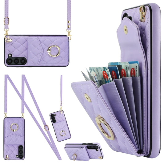 For Samsung Galaxy S24 5G Rhombic Texture Card Bag Phone Case with Long Lanyard(Light Purple) - Galaxy S24 5G Cases by PMC Jewellery | Online Shopping South Africa | PMC Jewellery | Buy Now Pay Later Mobicred