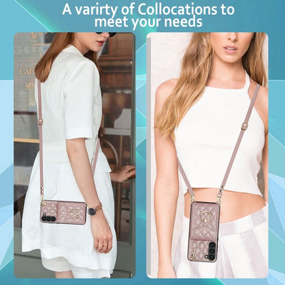 For Samsung Galaxy S24+ 5G Rhombic Texture Card Bag Phone Case with Long Lanyard(Rose Gold) - Galaxy S24+ 5G Cases by PMC Jewellery | Online Shopping South Africa | PMC Jewellery | Buy Now Pay Later Mobicred