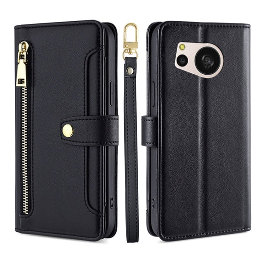 For Sharp Aquos sense8 Sheep Texture Cross-body Zipper Wallet Leather Phone Case(Black) - More Brand by PMC Jewellery | Online Shopping South Africa | PMC Jewellery | Buy Now Pay Later Mobicred