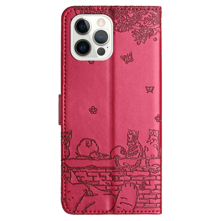 For iPhone 16 Pro Cat Embossing Pattern Leather Phone Case with Lanyard(Red) - free shipping - PMC TechLife - Order now!