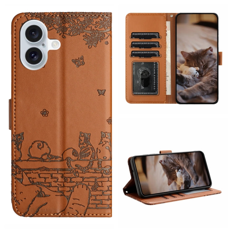 For iPhone 16 Cat Embossing Pattern Leather Phone Case with Lanyard(Brown) - iPhone 16 Cases by PMC TechLife | Online Shopping South Africa | PMC TechLife | Buy Now Pay Later Mobicred