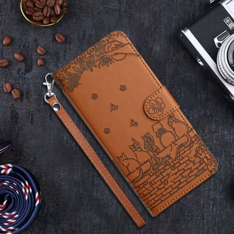 For iPhone 16 Cat Embossing Pattern Leather Phone Case with Lanyard(Brown) - iPhone 16 Cases by PMC Jewellery | Online Shopping South Africa | PMC Jewellery | Buy Now Pay Later Mobicred