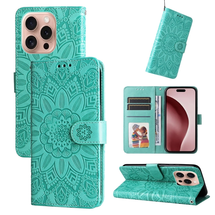 For iPhone 16 Pro Embossed Sunflower Leather Phone Case(Green) - iPhone 16 Pro Cases by PMC Jewellery | Online Shopping South Africa | PMC Jewellery | Buy Now Pay Later Mobicred