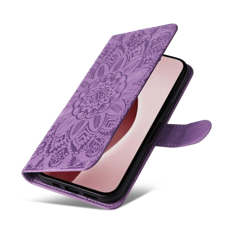 For iPhone 16 Pro Embossed Sunflower Leather Phone Case(Purple) - iPhone 16 Pro Cases by PMC TechLife | Online Shopping South Africa | PMC TechLife | Buy Now Pay Later Mobicred