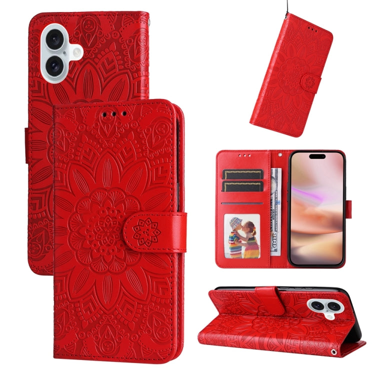For iPhone 16 Plus Embossed Sunflower Leather Phone Case(Red) - iPhone 16 Plus Cases by PMC TechLife | Online Shopping South Africa | PMC TechLife | Buy Now Pay Later Mobicred