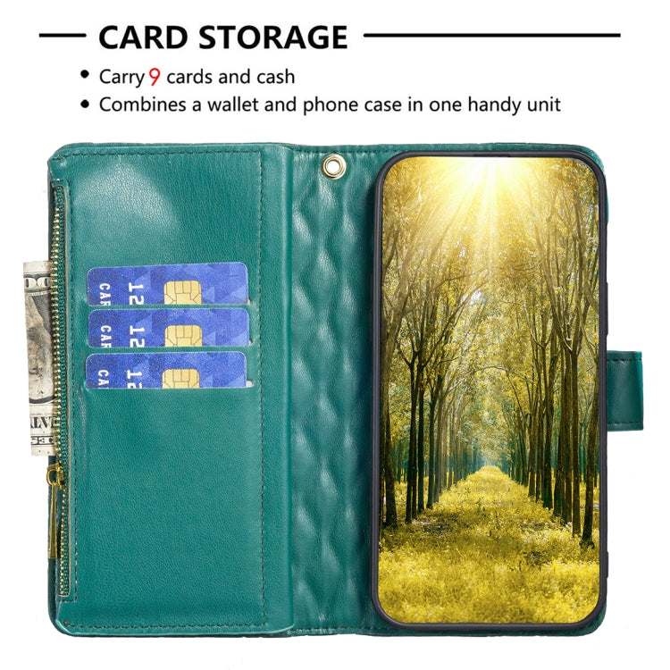 For iPhone 16 Pro Diamond Lattice Zipper Wallet Leather Flip Phone Case(Green) - iPhone 16 Pro Cases by PMC Jewellery | Online Shopping South Africa | PMC Jewellery | Buy Now Pay Later Mobicred