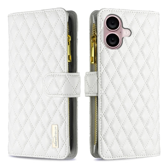 For iPhone 16 Diamond Lattice Zipper Wallet Leather Flip Phone Case(White) - iPhone 16 Cases by PMC Jewellery | Online Shopping South Africa | PMC Jewellery | Buy Now Pay Later Mobicred