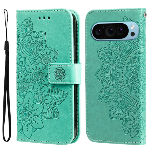 For Google Pixel 9 Seven-petal Flowers Embossing Leather Phone Case(Green) - Google Cases by PMC Jewellery | Online Shopping South Africa | PMC Jewellery | Buy Now Pay Later Mobicred