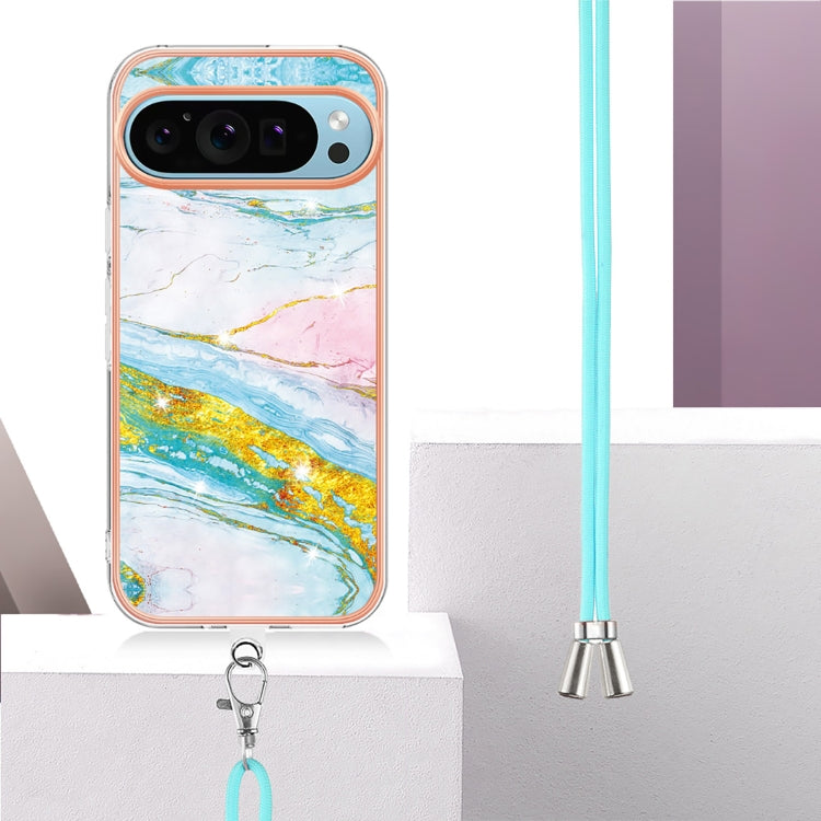 For Google Pixel 9 / 9 Pro Electroplating Marble Dual-side IMD Phone Case with Lanyard(Green 004) - Google Cases by PMC Jewellery | Online Shopping South Africa | PMC Jewellery | Buy Now Pay Later Mobicred