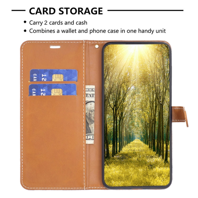 For iPhone 16 Pro Max Color Block Denim Texture Leather Phone Case(Brown) - iPhone 16 Pro Max Cases by PMC TechLife | Online Shopping South Africa | PMC TechLife | Buy Now Pay Later Mobicred