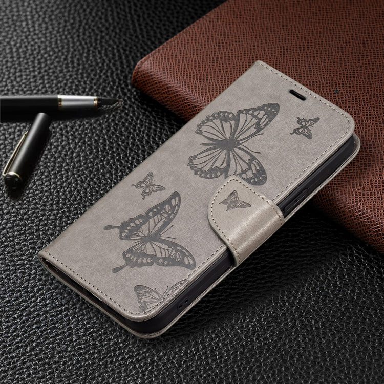 For iPhone 16 Plus Embossing Two Butterflies Pattern Leather Phone Case(Grey) - iPhone 16 Plus Cases by PMC Jewellery | Online Shopping South Africa | PMC Jewellery | Buy Now Pay Later Mobicred