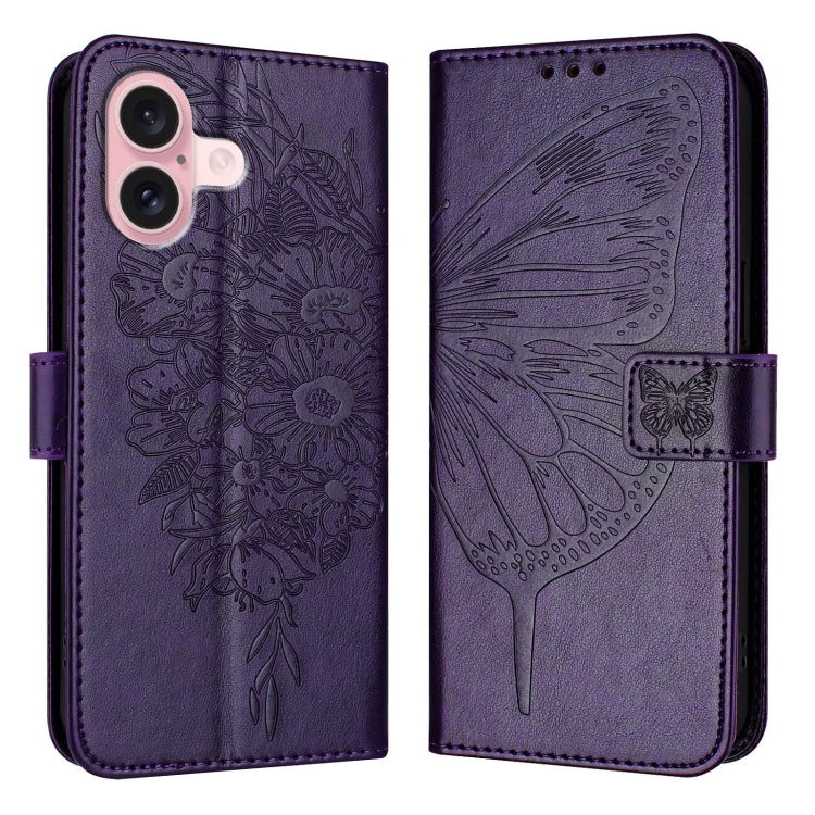 For iPhone 16 Embossed Butterfly Leather Phone Case(Dark Purple) - iPhone 16 Cases by PMC Jewellery | Online Shopping South Africa | PMC Jewellery | Buy Now Pay Later Mobicred