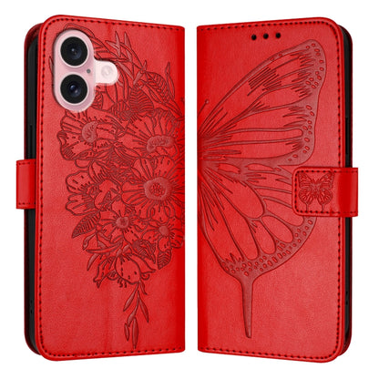 For iPhone 16 Embossed Butterfly Leather Phone Case(Red) - iPhone 16 Cases by PMC Jewellery | Online Shopping South Africa | PMC Jewellery | Buy Now Pay Later Mobicred