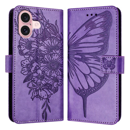 For iPhone 16 Embossed Butterfly Leather Phone Case(Light Purple) - iPhone 16 Cases by PMC Jewellery | Online Shopping South Africa | PMC Jewellery | Buy Now Pay Later Mobicred