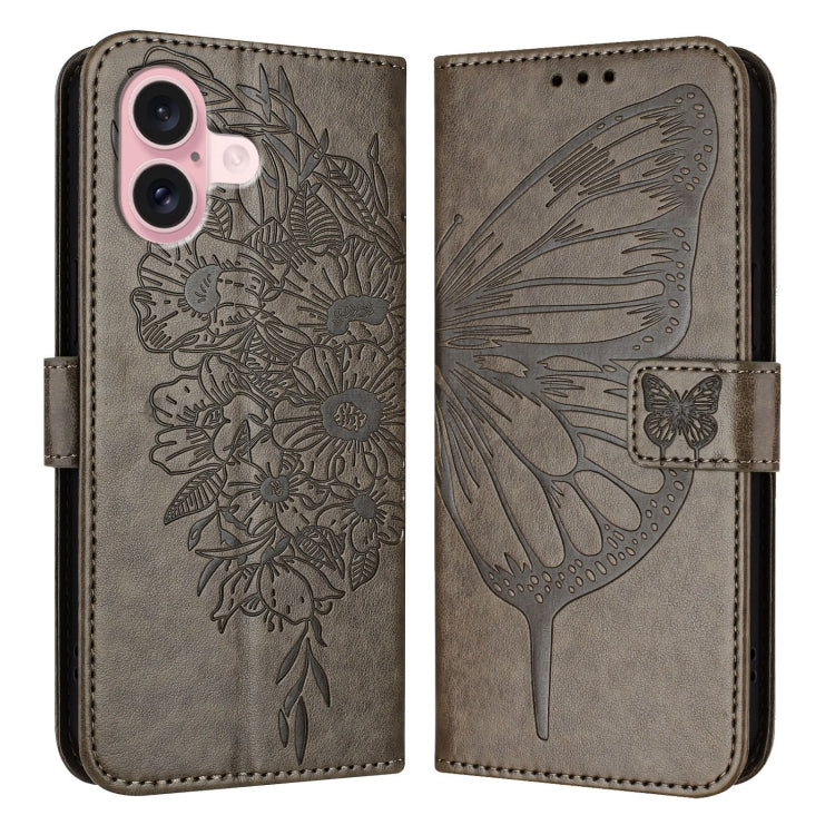For iPhone 16 Embossed Butterfly Leather Phone Case(Grey) - iPhone 16 Cases by PMC TechLife | Online Shopping South Africa | PMC TechLife | Buy Now Pay Later Mobicred