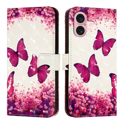 For iPhone 16 3D Painting Horizontal Flip Leather Phone Case(Rose Butterfly) - iPhone 16 Cases by PMC Jewellery | Online Shopping South Africa | PMC Jewellery | Buy Now Pay Later Mobicred