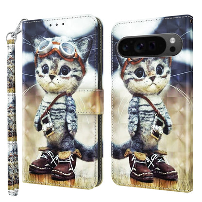 For Google Pixel 9 3D Painted Pattern Leather Phone Case(Naughty Cat) - Google Cases by PMC Jewellery | Online Shopping South Africa | PMC Jewellery | Buy Now Pay Later Mobicred