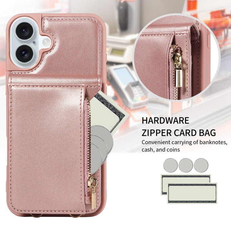 For iPhone 16 Plus Crossbody Lanyard Zipper Wallet Leather Phone Case(Rose Gold) - iPhone 16 Plus Cases by PMC Jewellery | Online Shopping South Africa | PMC Jewellery | Buy Now Pay Later Mobicred