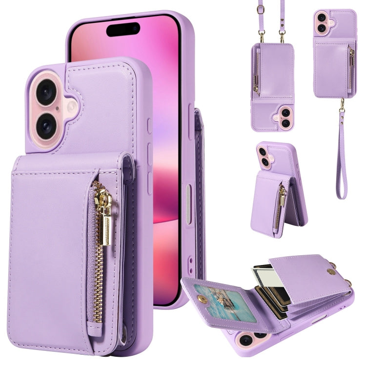 For iPhone 16 Crossbody Lanyard Zipper Wallet Leather Phone Case(Purple) - iPhone 16 Cases by PMC Jewellery | Online Shopping South Africa | PMC Jewellery | Buy Now Pay Later Mobicred