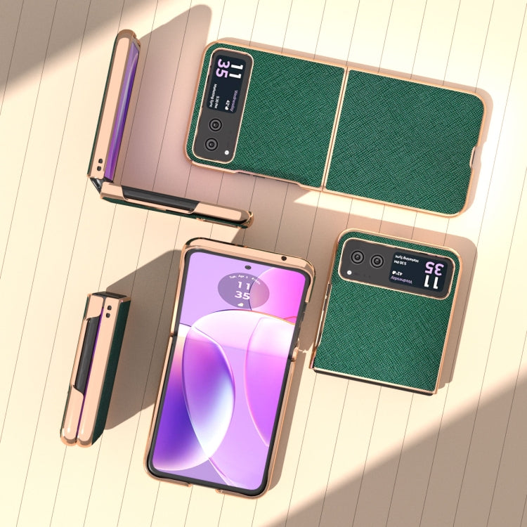 For Motorola Razr 40 Nano Electroplating Cross Texture Genuine Leather Phone Case(Green) - Motorola Cases by PMC TechLife | Online Shopping South Africa | PMC TechLife | Buy Now Pay Later Mobicred