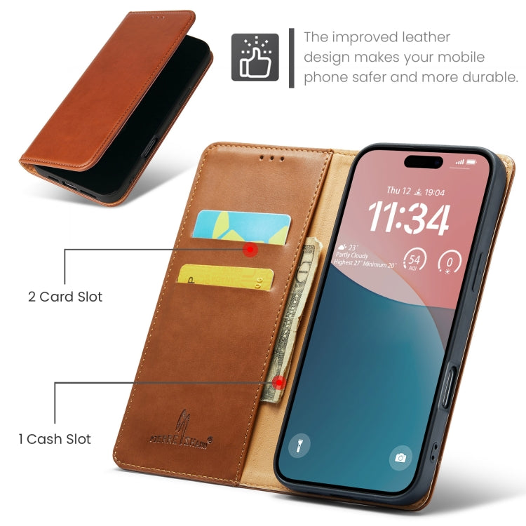 For iPhone 16 Plus Fierre Shann PU Genuine Leather Texture Phone Case(Brown) - iPhone 16 Plus Cases by FIERRE SHANN | Online Shopping South Africa | PMC Jewellery | Buy Now Pay Later Mobicred