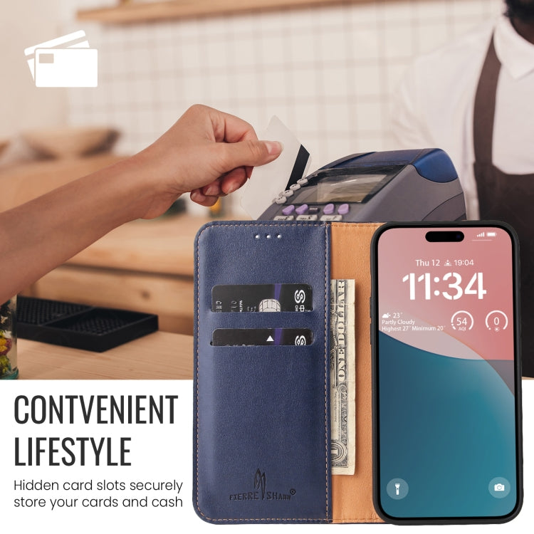 For iPhone 16 Pro Fierre Shann PU Genuine Leather Texture Phone Case(Blue) - iPhone 16 Pro Cases by FIERRE SHANN | Online Shopping South Africa | PMC Jewellery | Buy Now Pay Later Mobicred