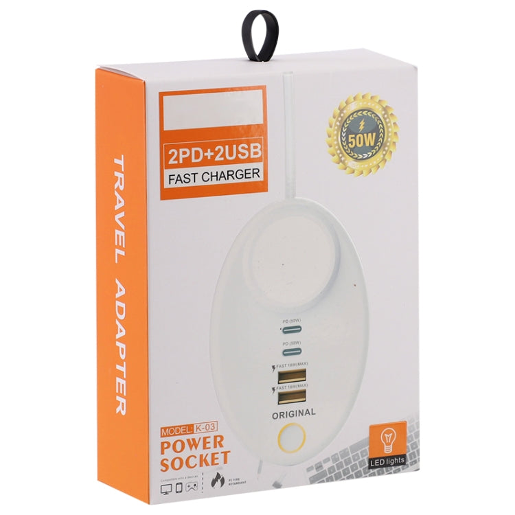 YF-106 USB- C / Type-Cx2+USBx2 Oval PD Socket Phone Charger with Light, Plug Type:EU Plug(White) - Multifunction Charger by PMC Jewellery | Online Shopping South Africa | PMC Jewellery | Buy Now Pay Later Mobicred