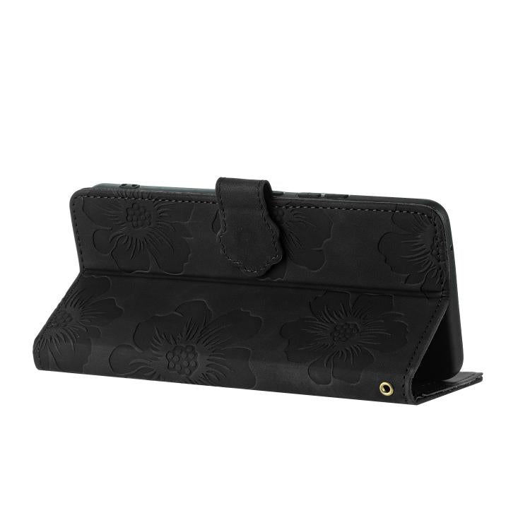 For iPhone 16e Flower Embossing Pattern Leather Phone Case(Black) - iPhone 16e Cases by PMC TechLife | Online Shopping South Africa | PMC TechLife | Buy Now Pay Later Mobicred
