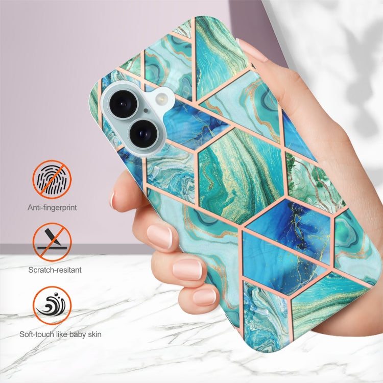 For iPhone 16 Plus Electroplating Splicing Marble Flower Pattern Dual-side IMD TPU Shockproof Phone Case(Green) - iPhone 16 Plus Cases by PMC Jewellery | Online Shopping South Africa | PMC Jewellery | Buy Now Pay Later Mobicred