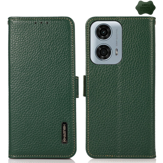 For Motorola Moto G34 KHAZNEH Side-Magnetic Litchi Genuine Leather RFID Phone Case(Green) - Motorola Cases by PMC Jewellery | Online Shopping South Africa | PMC Jewellery | Buy Now Pay Later Mobicred