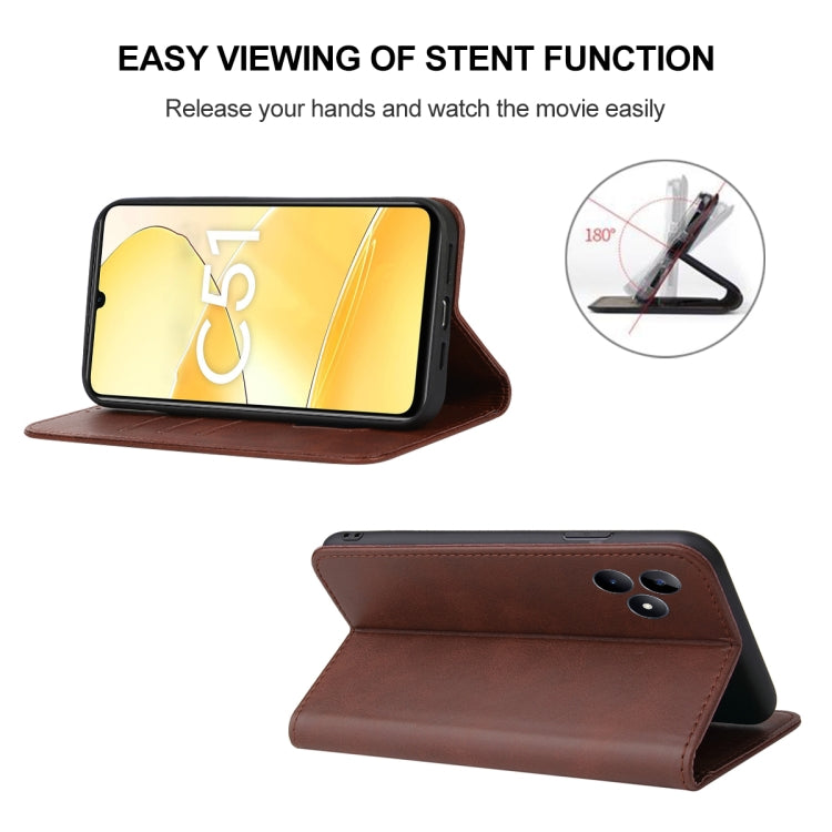For Realme C51 Magnetic Closure Leather Phone Case(Brown) - Realme Cases by PMC Jewellery | Online Shopping South Africa | PMC Jewellery