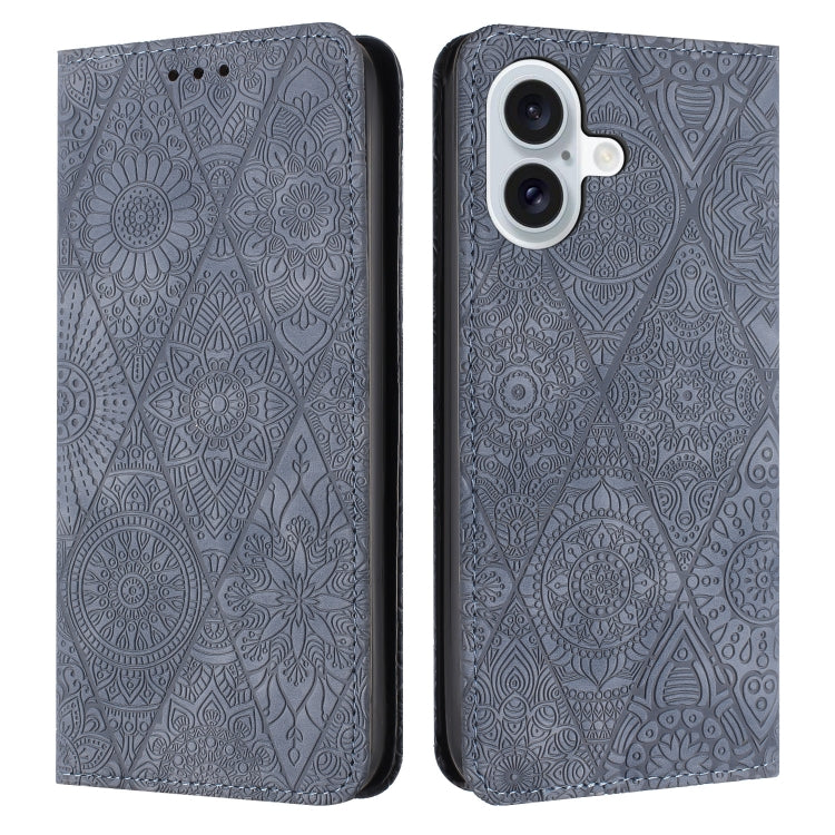 For iPhone 16 Ethnic Embossed Adsorption Leather Phone Case(Grey) - iPhone 16 Cases by PMC Jewellery | Online Shopping South Africa | PMC Jewellery | Buy Now Pay Later Mobicred