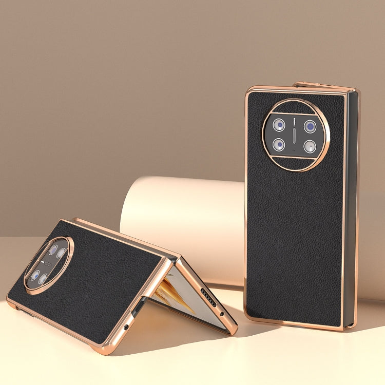 For Huawei Mate X3 Electroplating Genuine Leather + PC Litchi Texture Phone Case(Black) - Huawei Cases by PMC TechLife | Online Shopping South Africa | PMC TechLife | Buy Now Pay Later Mobicred
