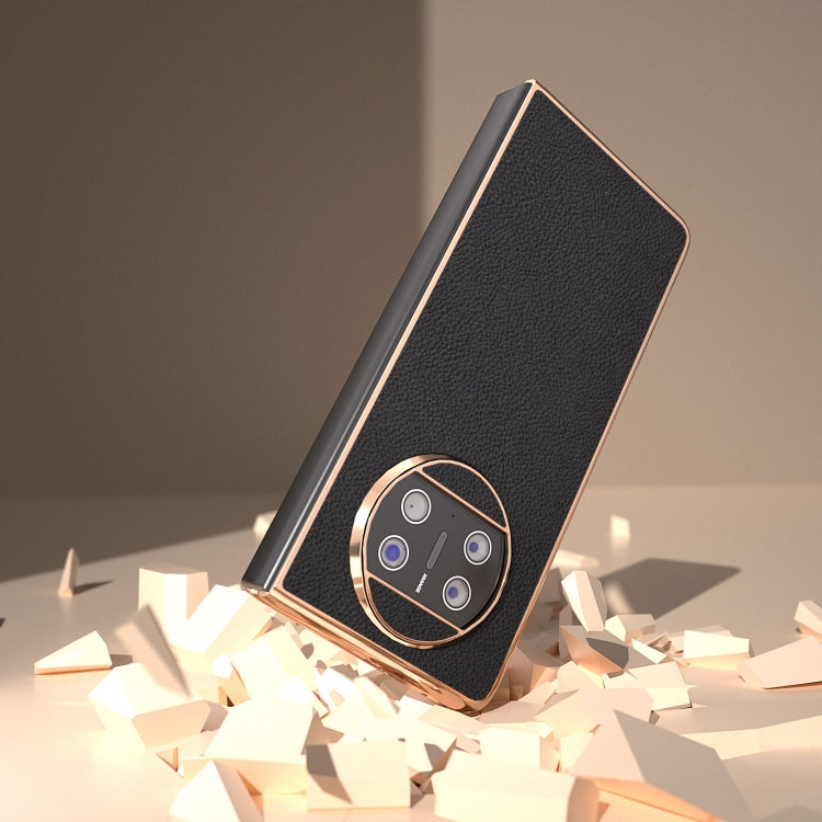 For Huawei Mate X3 Electroplating Genuine Leather + PC Litchi Texture Phone Case(Black) - Huawei Cases by PMC TechLife | Online Shopping South Africa | PMC TechLife | Buy Now Pay Later Mobicred