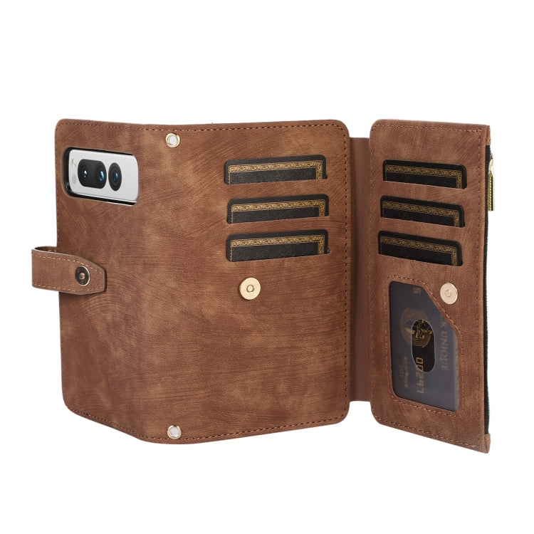 For Google Pixel Fold Dream 9-Card Wallet Zipper Bag Leather Phone Case(Brown) - Google Cases by PMC Jewellery | Online Shopping South Africa | PMC Jewellery | Buy Now Pay Later Mobicred