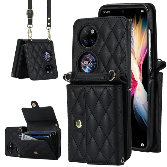 For Huawei P50 Pocket Rhombic Texture Card Bag PU Phone Case with Long Lanyard(Black) - Huawei Cases by PMC Jewellery | Online Shopping South Africa | PMC Jewellery | Buy Now Pay Later Mobicred