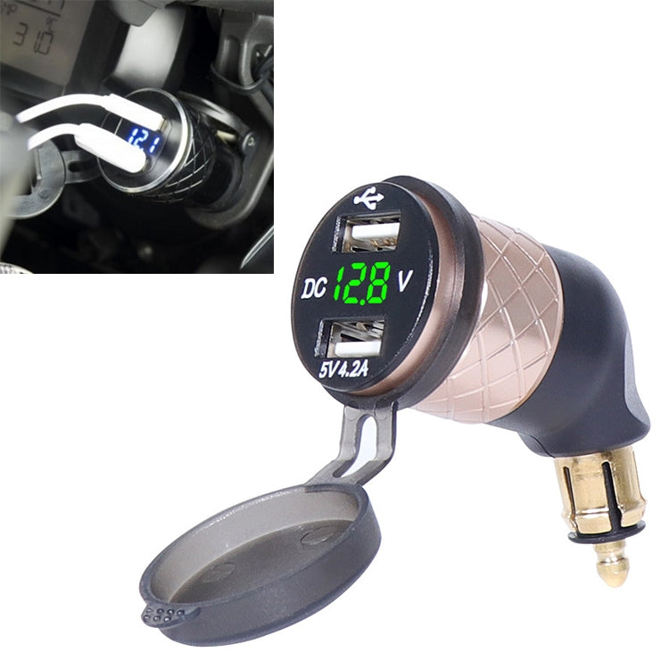 German EU Plug Special Motorcycle Elbow Charger Dual USB Voltmeter 4.2A Charger, Shell Color:Gold(Green Light) - Battery Charger by PMC Jewellery | Online Shopping South Africa | PMC Jewellery | Buy Now Pay Later Mobicred