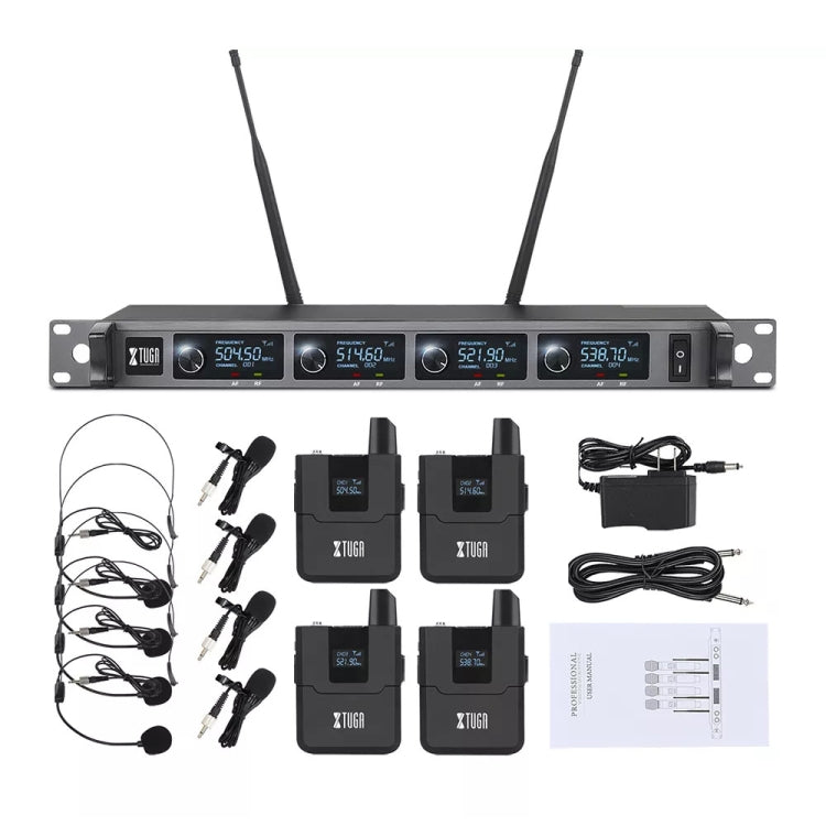 XTUGA A140-B Wireless Microphone System 4 BodyPack Headset Lavalier Microphone(UK Plug) - Microphone by XTUGA | Online Shopping South Africa | PMC Jewellery | Buy Now Pay Later Mobicred